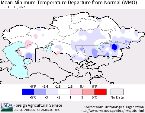Kazakhstan Mean Minimum Temperature Departure from Normal (WMO) Thematic Map For 7/11/2022 - 7/17/2022
