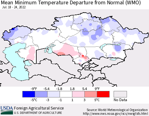 Kazakhstan Mean Minimum Temperature Departure from Normal (WMO) Thematic Map For 7/18/2022 - 7/24/2022