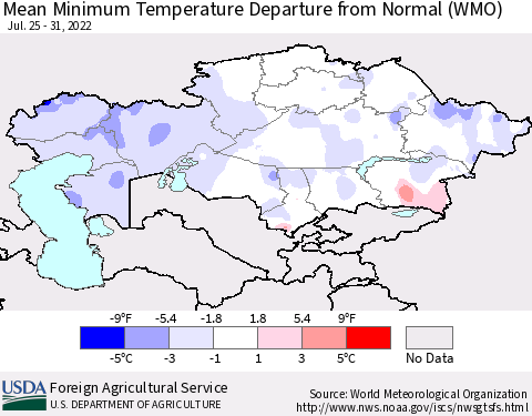 Kazakhstan Mean Minimum Temperature Departure from Normal (WMO) Thematic Map For 7/25/2022 - 7/31/2022