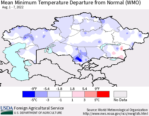 Kazakhstan Mean Minimum Temperature Departure from Normal (WMO) Thematic Map For 8/1/2022 - 8/7/2022