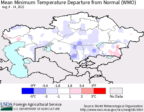 Kazakhstan Mean Minimum Temperature Departure from Normal (WMO) Thematic Map For 8/8/2022 - 8/14/2022