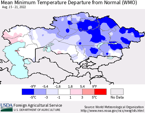 Kazakhstan Mean Minimum Temperature Departure from Normal (WMO) Thematic Map For 8/15/2022 - 8/21/2022