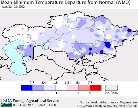 Kazakhstan Mean Minimum Temperature Departure from Normal (WMO) Thematic Map For 8/22/2022 - 8/28/2022