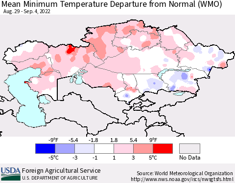 Kazakhstan Mean Minimum Temperature Departure from Normal (WMO) Thematic Map For 8/29/2022 - 9/4/2022