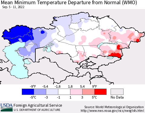 Kazakhstan Mean Minimum Temperature Departure from Normal (WMO) Thematic Map For 9/5/2022 - 9/11/2022