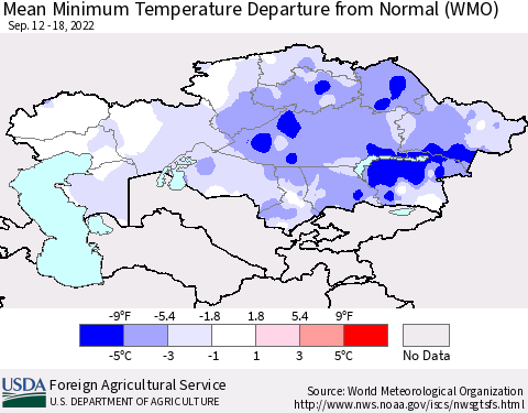 Kazakhstan Mean Minimum Temperature Departure from Normal (WMO) Thematic Map For 9/12/2022 - 9/18/2022
