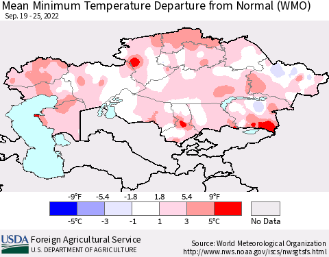 Kazakhstan Mean Minimum Temperature Departure from Normal (WMO) Thematic Map For 9/19/2022 - 9/25/2022