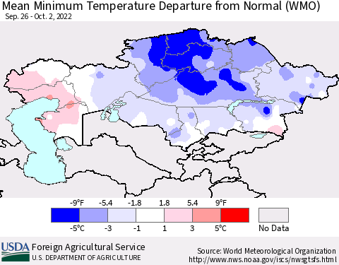 Kazakhstan Mean Minimum Temperature Departure from Normal (WMO) Thematic Map For 9/26/2022 - 10/2/2022