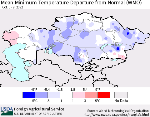 Kazakhstan Mean Minimum Temperature Departure from Normal (WMO) Thematic Map For 10/3/2022 - 10/9/2022