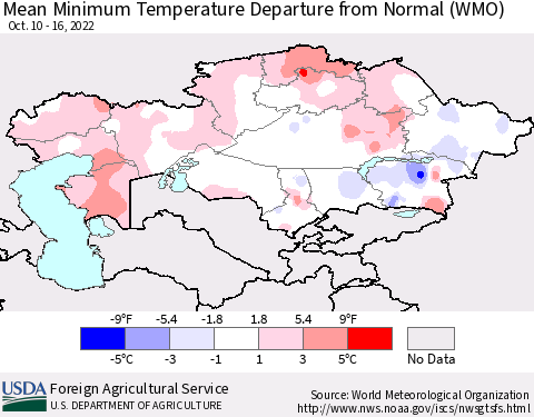 Kazakhstan Mean Minimum Temperature Departure from Normal (WMO) Thematic Map For 10/10/2022 - 10/16/2022