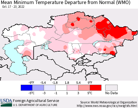 Kazakhstan Mean Minimum Temperature Departure from Normal (WMO) Thematic Map For 10/17/2022 - 10/23/2022