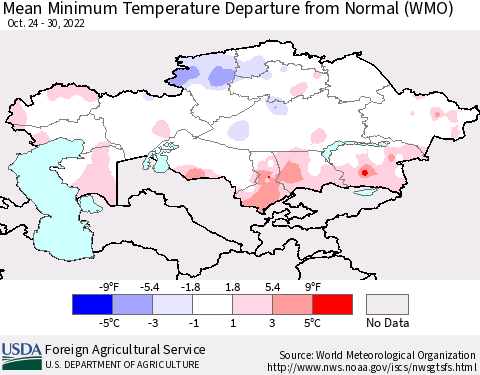 Kazakhstan Mean Minimum Temperature Departure from Normal (WMO) Thematic Map For 10/24/2022 - 10/30/2022