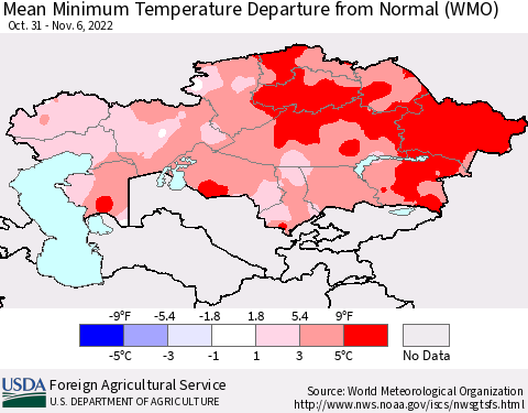 Kazakhstan Mean Minimum Temperature Departure from Normal (WMO) Thematic Map For 10/31/2022 - 11/6/2022