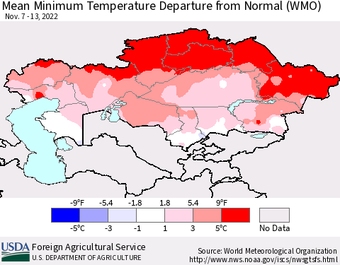 Kazakhstan Mean Minimum Temperature Departure from Normal (WMO) Thematic Map For 11/7/2022 - 11/13/2022