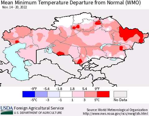 Kazakhstan Mean Minimum Temperature Departure from Normal (WMO) Thematic Map For 11/14/2022 - 11/20/2022