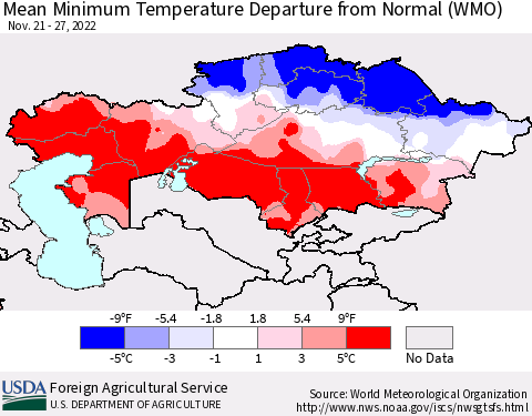 Kazakhstan Mean Minimum Temperature Departure from Normal (WMO) Thematic Map For 11/21/2022 - 11/27/2022