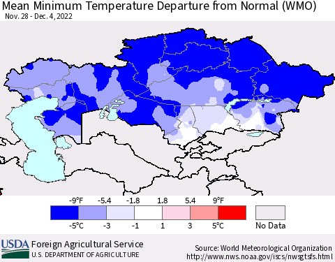 Kazakhstan Mean Minimum Temperature Departure from Normal (WMO) Thematic Map For 11/28/2022 - 12/4/2022