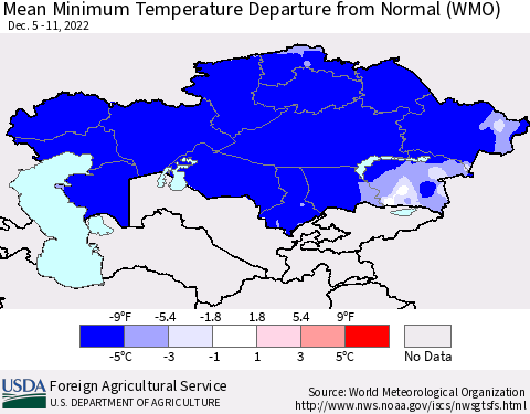 Kazakhstan Mean Minimum Temperature Departure from Normal (WMO) Thematic Map For 12/5/2022 - 12/11/2022