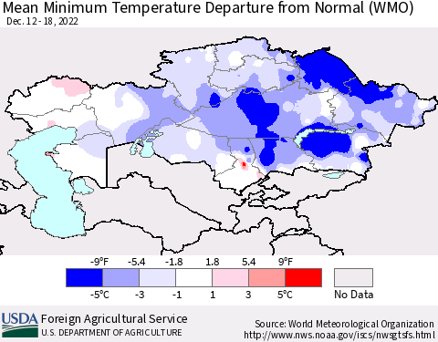Kazakhstan Mean Minimum Temperature Departure from Normal (WMO) Thematic Map For 12/12/2022 - 12/18/2022