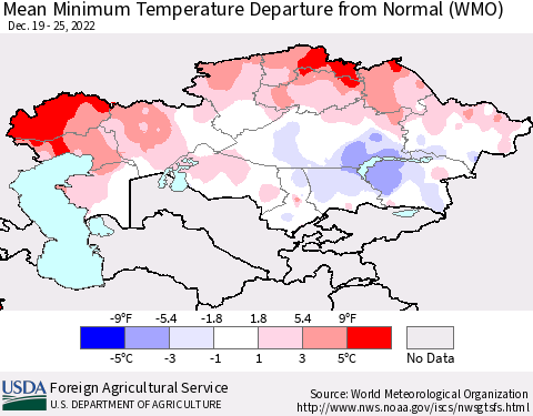 Kazakhstan Mean Minimum Temperature Departure from Normal (WMO) Thematic Map For 12/19/2022 - 12/25/2022