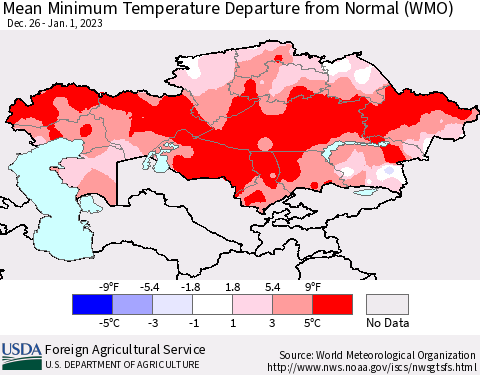 Kazakhstan Mean Minimum Temperature Departure from Normal (WMO) Thematic Map For 12/26/2022 - 1/1/2023