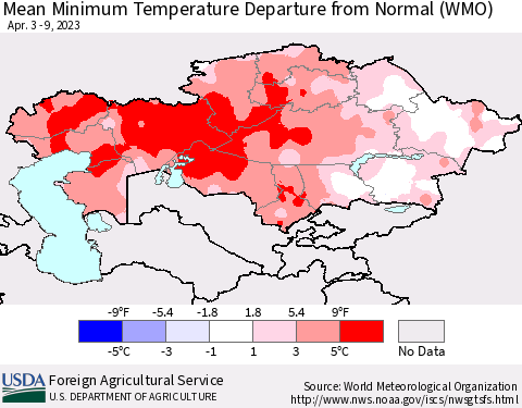 Kazakhstan Mean Minimum Temperature Departure from Normal (WMO) Thematic Map For 4/3/2023 - 4/9/2023