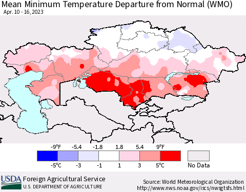 Kazakhstan Mean Minimum Temperature Departure from Normal (WMO) Thematic Map For 4/10/2023 - 4/16/2023