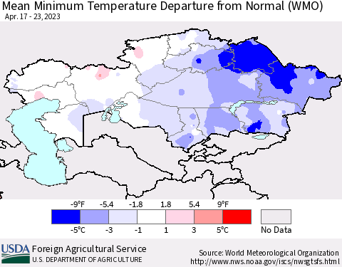 Kazakhstan Mean Minimum Temperature Departure from Normal (WMO) Thematic Map For 4/17/2023 - 4/23/2023