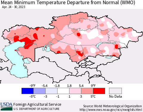 Kazakhstan Mean Minimum Temperature Departure from Normal (WMO) Thematic Map For 4/24/2023 - 4/30/2023
