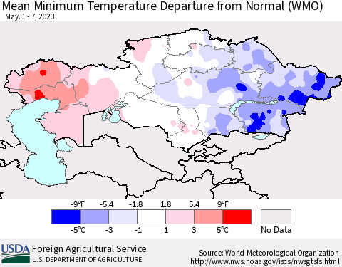 Kazakhstan Mean Minimum Temperature Departure from Normal (WMO) Thematic Map For 5/1/2023 - 5/7/2023