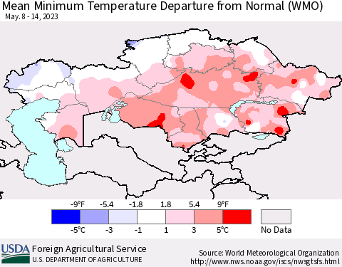 Kazakhstan Mean Minimum Temperature Departure from Normal (WMO) Thematic Map For 5/8/2023 - 5/14/2023