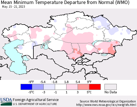 Kazakhstan Mean Minimum Temperature Departure from Normal (WMO) Thematic Map For 5/15/2023 - 5/21/2023