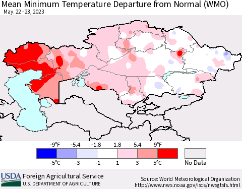 Kazakhstan Mean Minimum Temperature Departure from Normal (WMO) Thematic Map For 5/22/2023 - 5/28/2023