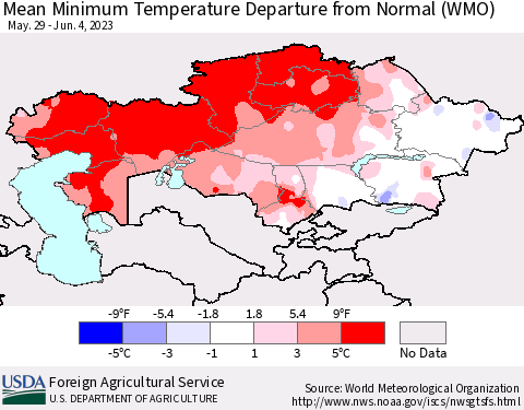 Kazakhstan Mean Minimum Temperature Departure from Normal (WMO) Thematic Map For 5/29/2023 - 6/4/2023