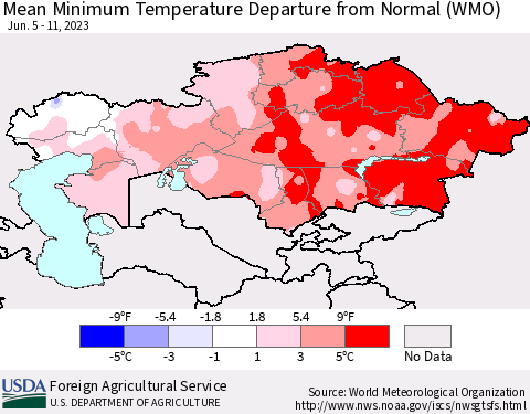 Kazakhstan Mean Minimum Temperature Departure from Normal (WMO) Thematic Map For 6/5/2023 - 6/11/2023