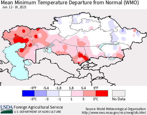 Kazakhstan Mean Minimum Temperature Departure from Normal (WMO) Thematic Map For 6/12/2023 - 6/18/2023