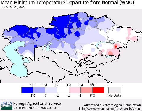 Kazakhstan Mean Minimum Temperature Departure from Normal (WMO) Thematic Map For 6/19/2023 - 6/25/2023
