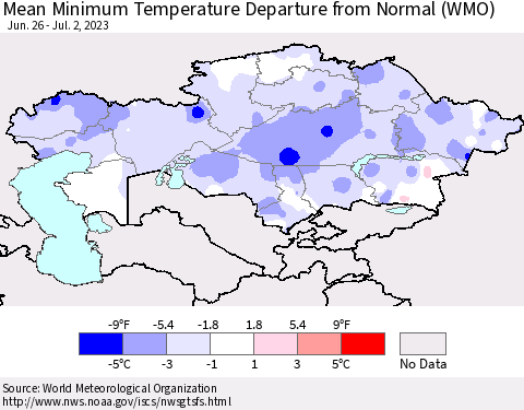 Kazakhstan Mean Minimum Temperature Departure from Normal (WMO) Thematic Map For 6/26/2023 - 7/2/2023