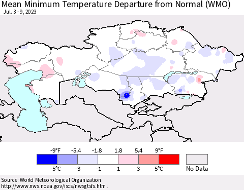 Kazakhstan Mean Minimum Temperature Departure from Normal (WMO) Thematic Map For 7/3/2023 - 7/9/2023