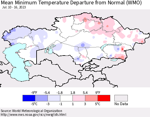 Kazakhstan Mean Minimum Temperature Departure from Normal (WMO) Thematic Map For 7/10/2023 - 7/16/2023