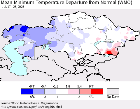 Kazakhstan Mean Minimum Temperature Departure from Normal (WMO) Thematic Map For 7/17/2023 - 7/23/2023