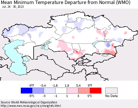 Kazakhstan Mean Minimum Temperature Departure from Normal (WMO) Thematic Map For 7/24/2023 - 7/30/2023