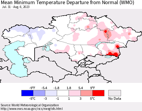 Kazakhstan Mean Minimum Temperature Departure from Normal (WMO) Thematic Map For 7/31/2023 - 8/6/2023