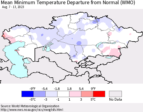 Kazakhstan Mean Minimum Temperature Departure from Normal (WMO) Thematic Map For 8/7/2023 - 8/13/2023