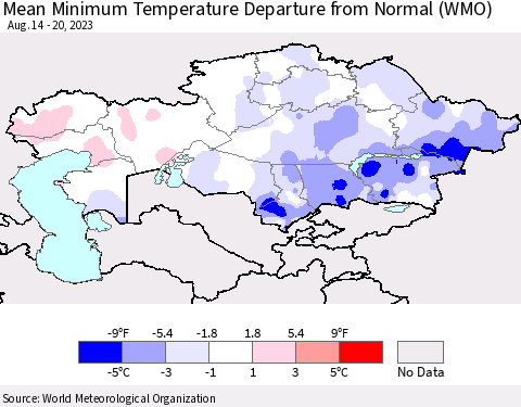 Kazakhstan Mean Minimum Temperature Departure from Normal (WMO) Thematic Map For 8/14/2023 - 8/20/2023