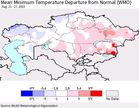 Kazakhstan Mean Minimum Temperature Departure from Normal (WMO) Thematic Map For 8/21/2023 - 8/27/2023