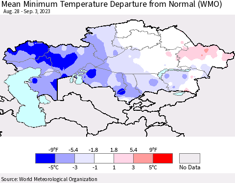 Kazakhstan Mean Minimum Temperature Departure from Normal (WMO) Thematic Map For 8/28/2023 - 9/3/2023