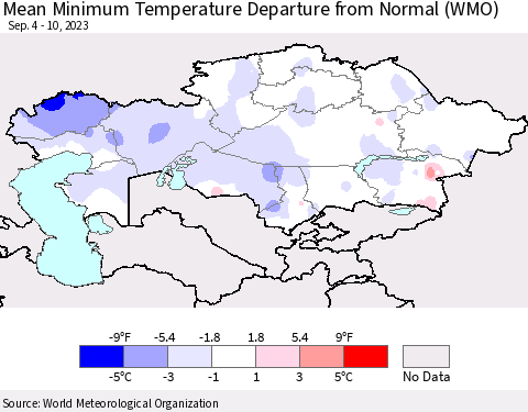 Kazakhstan Mean Minimum Temperature Departure from Normal (WMO) Thematic Map For 9/4/2023 - 9/10/2023