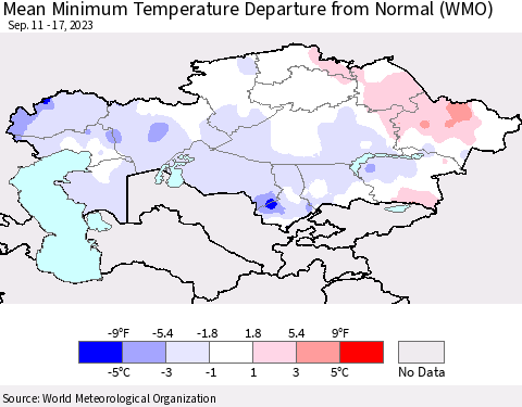 Kazakhstan Mean Minimum Temperature Departure from Normal (WMO) Thematic Map For 9/11/2023 - 9/17/2023
