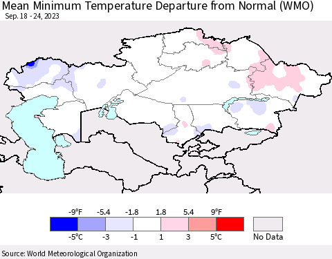 Kazakhstan Mean Minimum Temperature Departure from Normal (WMO) Thematic Map For 9/18/2023 - 9/24/2023